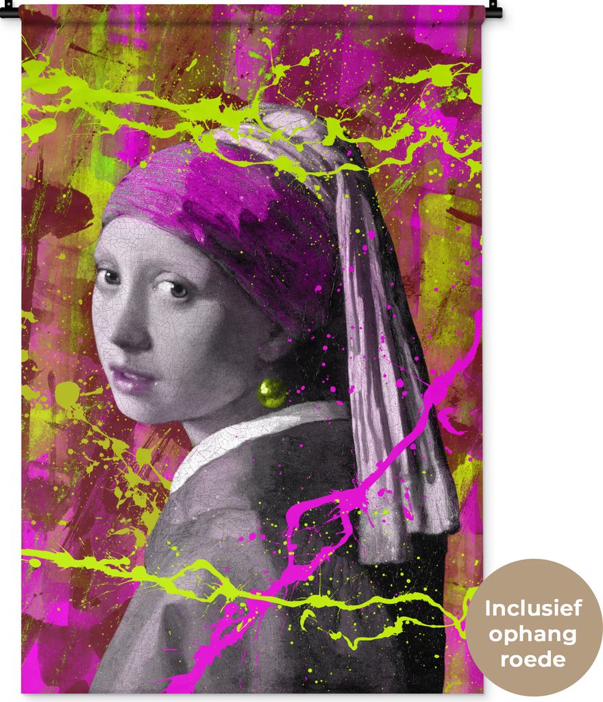 MuchoWow Wandteppich Wandbehang Das Mädchen mit dem Perlenohrring - Johannes Vermeer - Neon 90x135 cm Tapisserie Dekoration Wandtuch - Baumwolle...