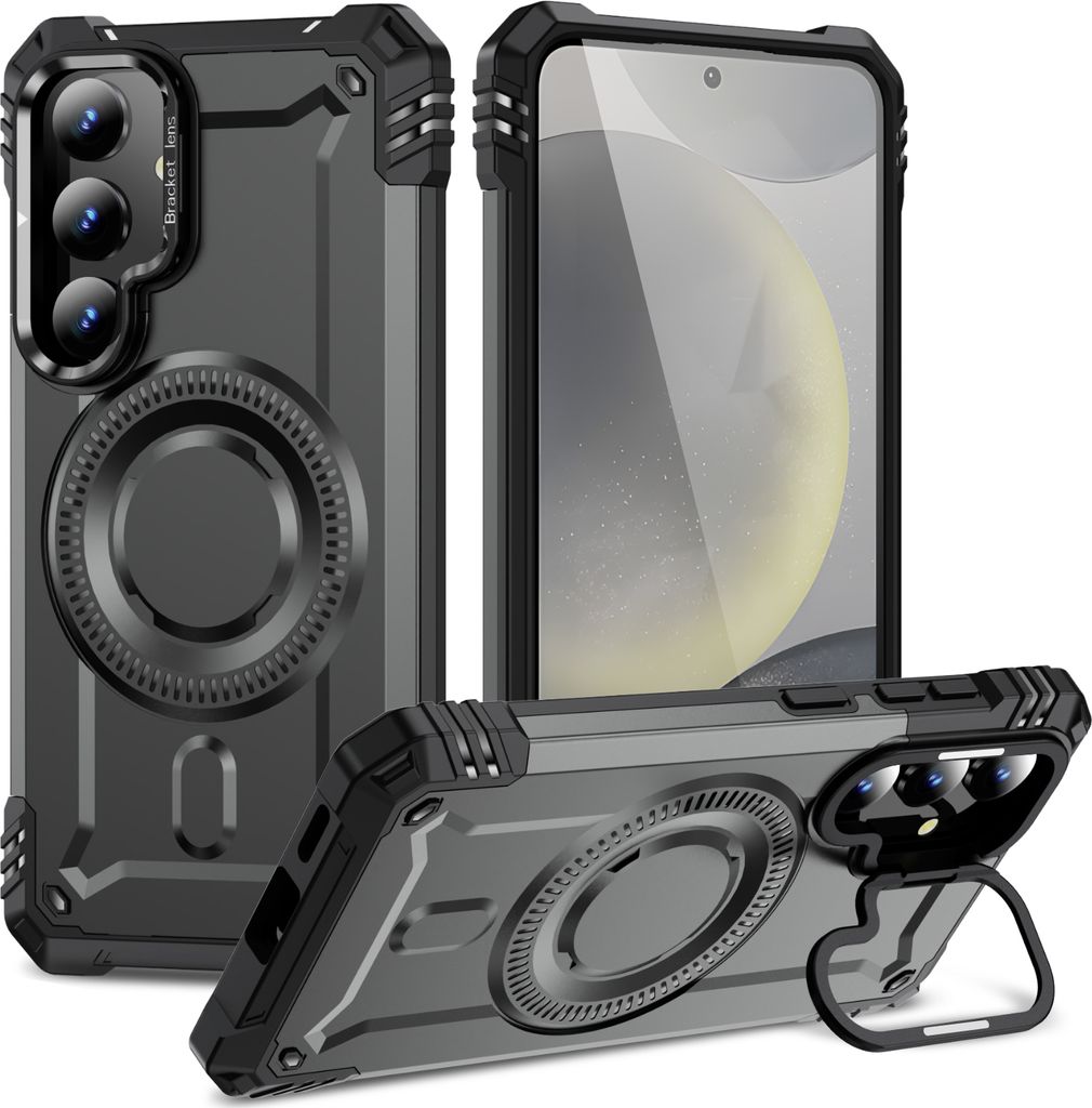 Magnetisch Hülle für Samsung Galaxy S24, Heavy Duty Militärischer Stoßfest Handyhülle Kamera-Ringständer Grau