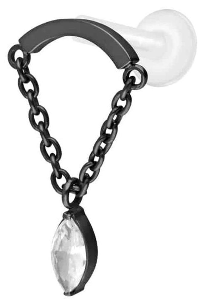 Ohrpiercing, Nasenpiercing PTFE Labret mit Innengewinde + Titan-Aufsatz BOGEN + KETTE + KRISTALLTROPFEN Schwarz Stablänge: 10mm | Stabstärke: 1,6...