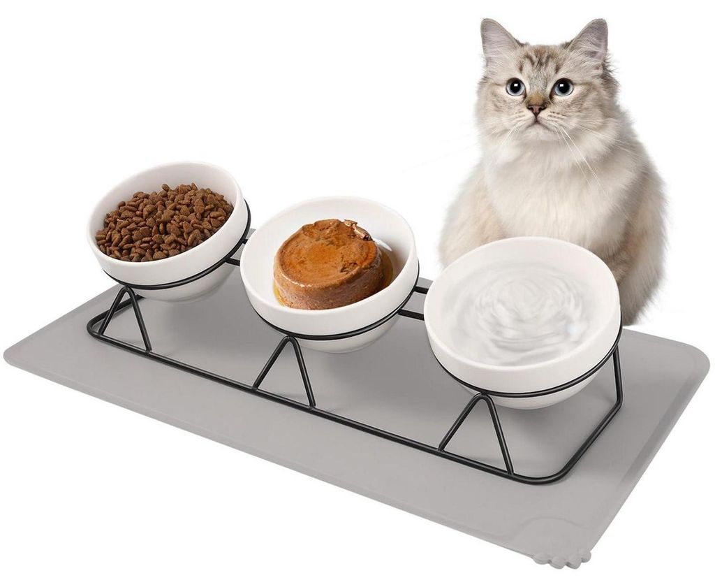 Erhöhter Katzennapf 3er Set Keramik mit Metallhalter und Produktbild 