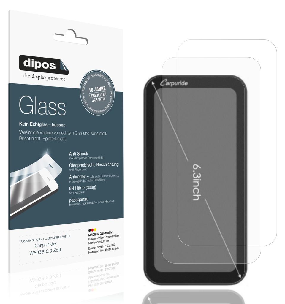 2x Schutzfolie für Carpuride W603B 6.3 Zoll matt - Anti-Shock 9H Folie dipos Glass Kunststoffglas