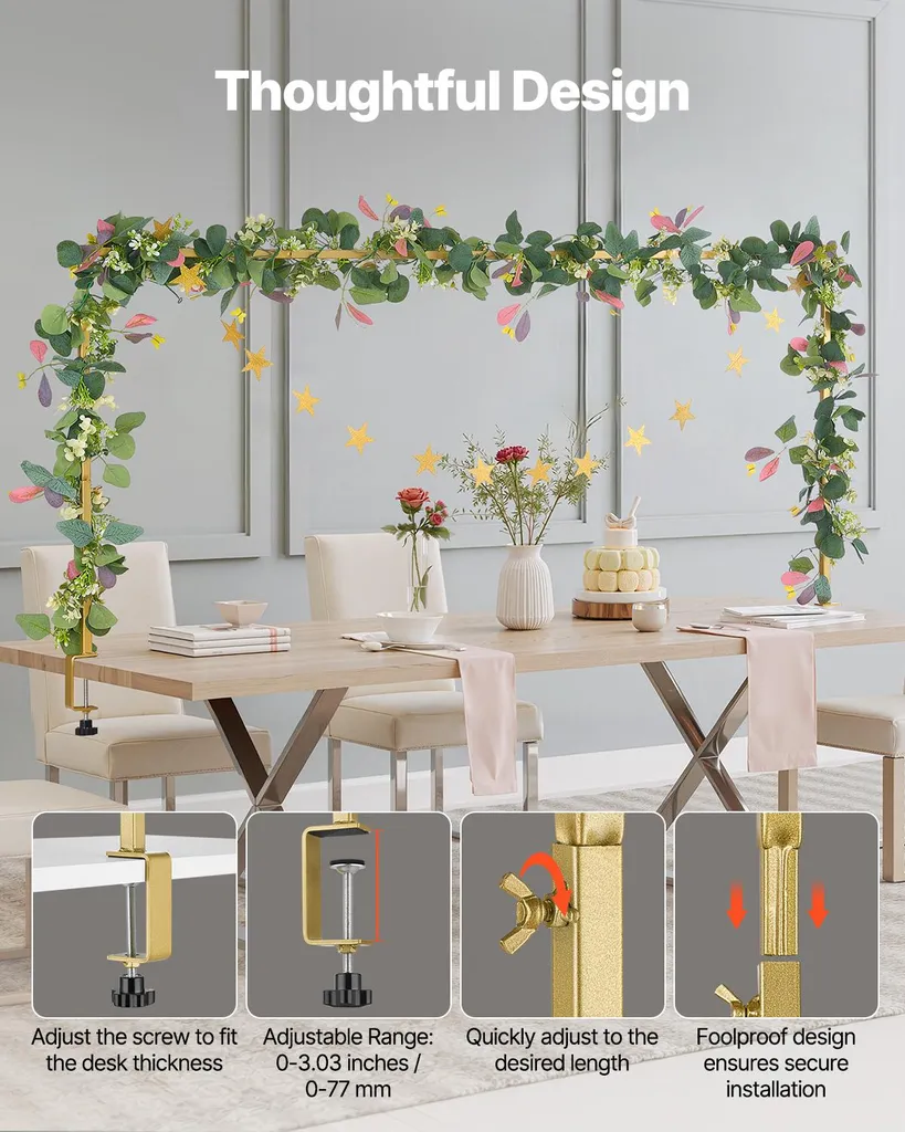 Arche de table extensible dorée avec pinces pour décoration événementielle