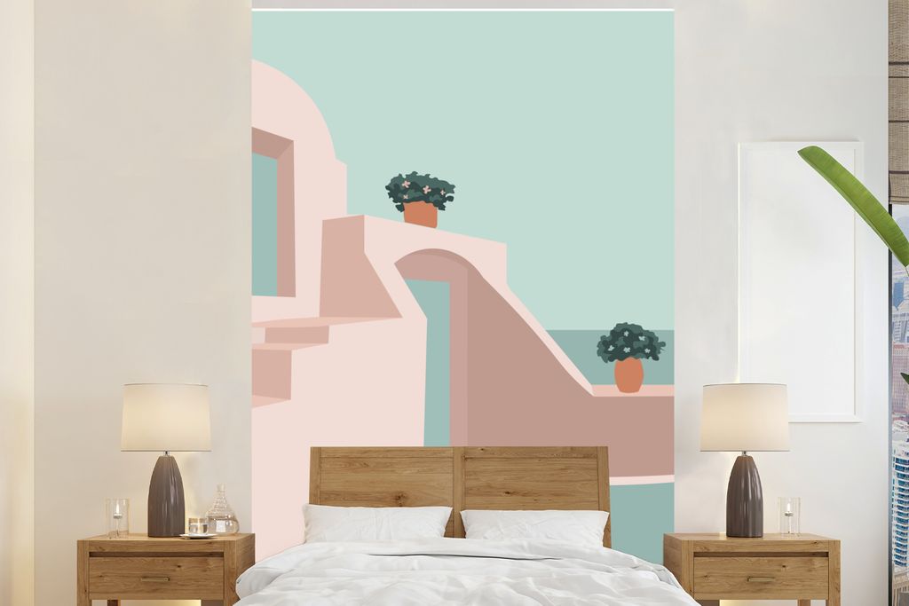 MuchoWow Fototapete für Wohnzimmer oder Schlafzimmer Wandtapete Vinyl Motivtapete Haus - Sommer - Pastell - 160x240 cm - Vinyltapete