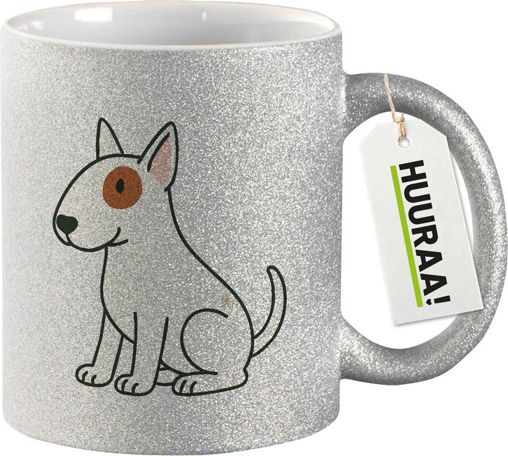 Huuraa Glitzertasse Bullterrier Comic Bulli 330ml Silber Keramik Kaffeebecher Geschenkidee