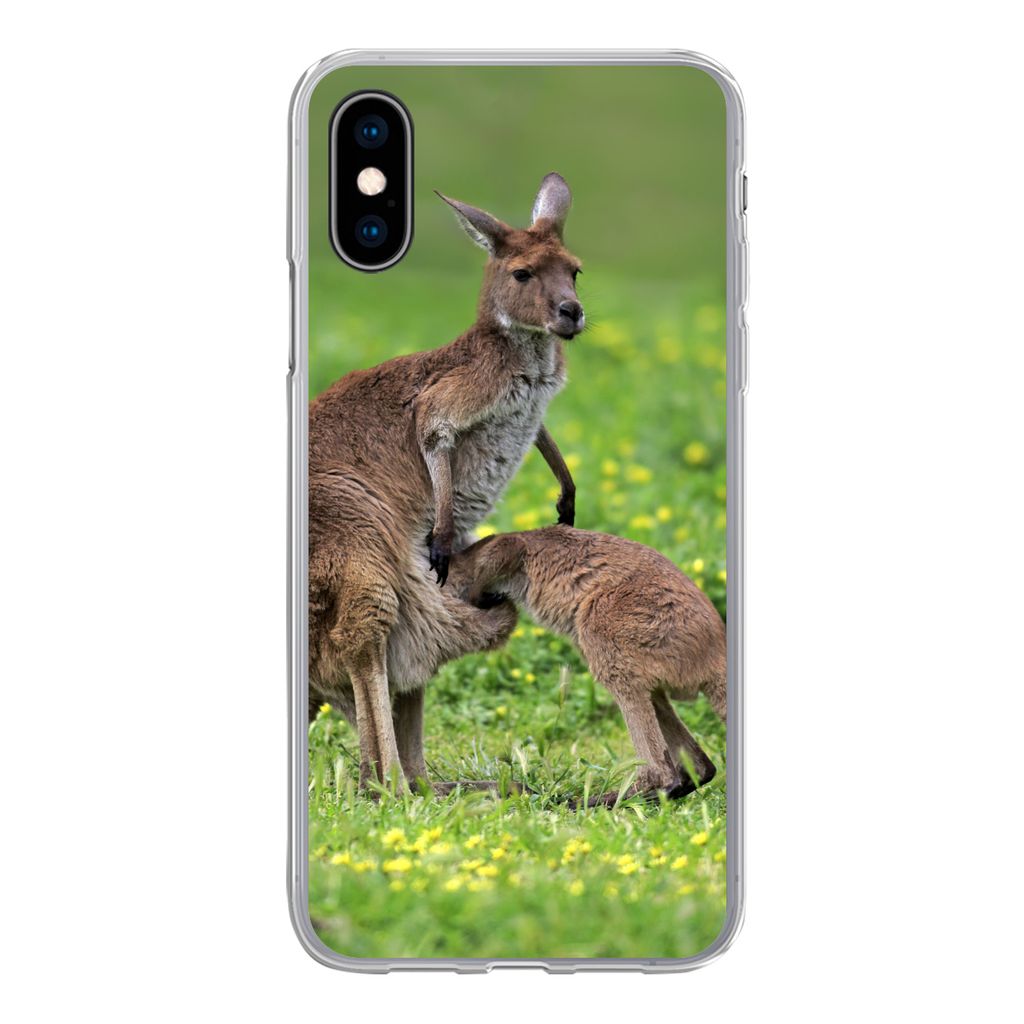 MuchoWow Handyhülle Schutzhülle Hülle für iPhone X Känguru - Blumen - Jung Silikon Softcase Handy Hülle - Handyhülle
