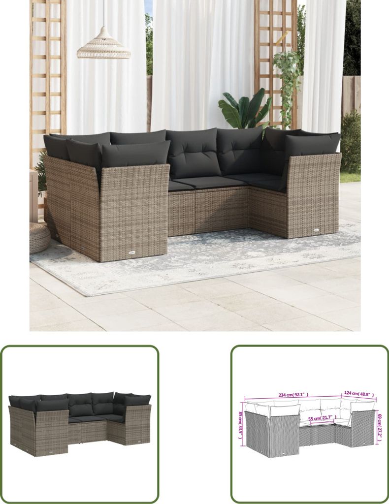 The Living Store 6-tlg. Garten-Sofagarnitur mit Kissen Grau Poly Rattan