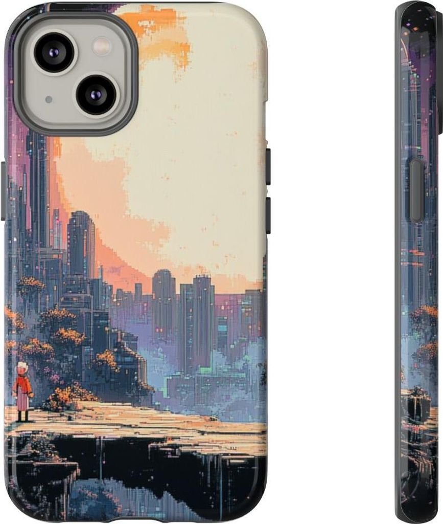 Pixel-Art-Stadtlandschaft mit großem Mond – Hülle Kompatibel mit iPhone 14