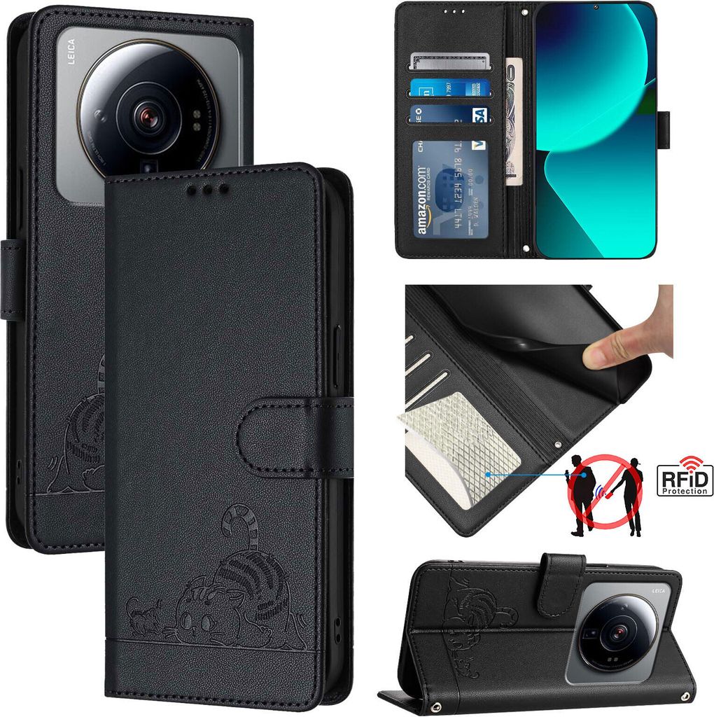 Leder Hülle für Xiaomi 12S Ultra Süße Katze Flip Case Brieftasche Schutzhülle mit Standfunktion Schwarz