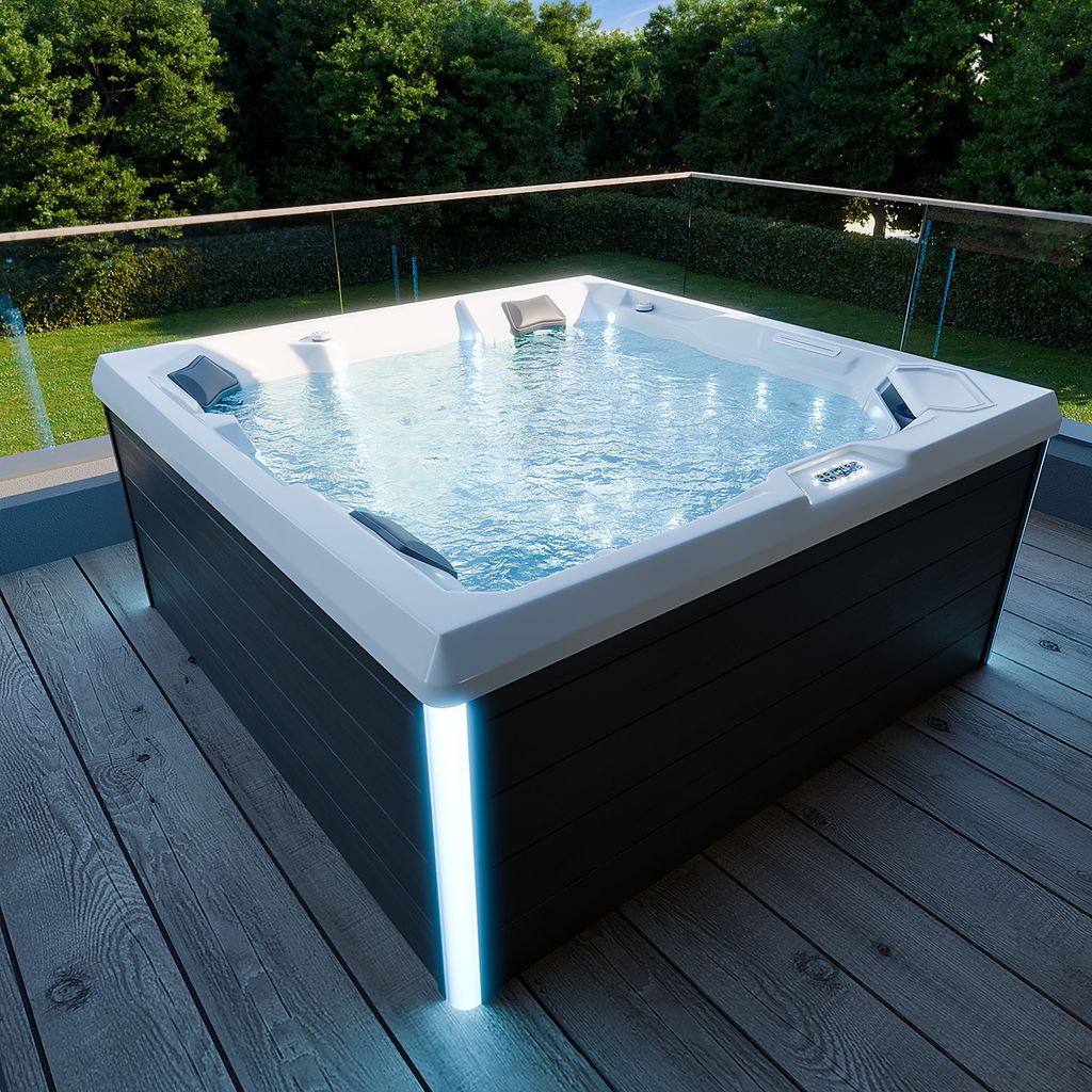 TroniTechnik PANAREA, Outdoor-Spa 210x210 cm mit Farbbeleuchtung, Heizung, Sanitäracryl-Oberfläche und Massagesystem