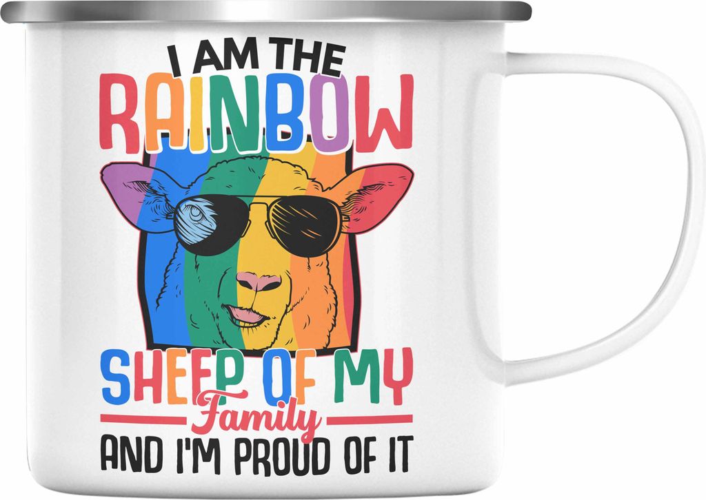 Trendation - LGBT Emaille Tasse Geschenk für Schwule Lesben Transgender Regenbogen Lustige Grafik Regenbogen Schaaf In Der Familie (Silber)