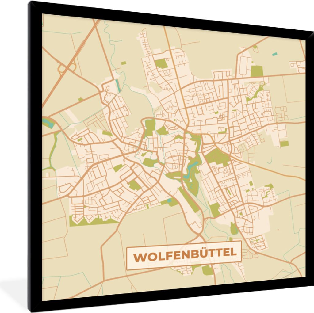 MuchoWow Gerahmtes Poster Karte - Wolfenbüttel - Vintage - Stadtplan - Karte 40x40 cm - Poster mit Schwarzem Bilderrahmen Wandposter Rahmen Foto...