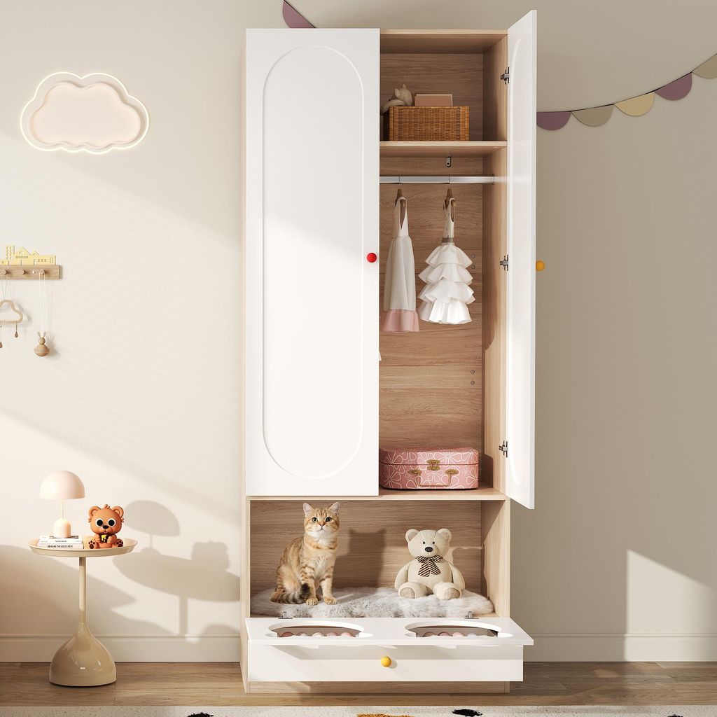 Flieks Eckkleiderschrank Kleiderschrank mit Stange und Ablage, Garderobe Aufbewahrungsschrank mit Katzenbett, 80x50x200cm, Weiß