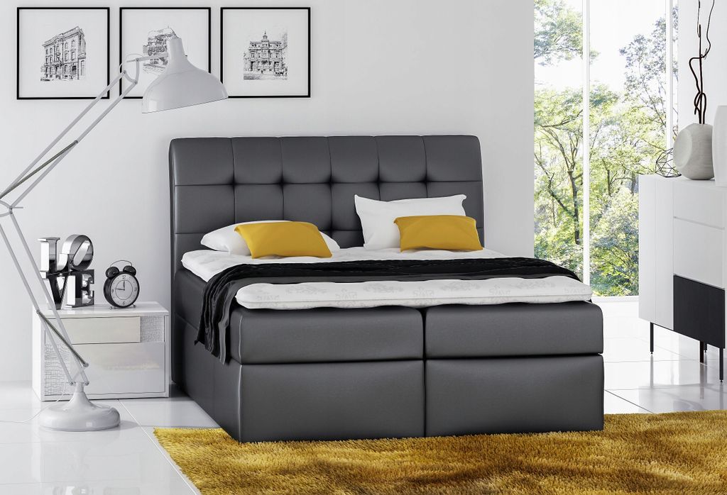 MobelHot Boxspring Continentalbett DIEGO 200x200 graphit mit Matratze und zwei Ablagen mit gestepptem Kopfteil