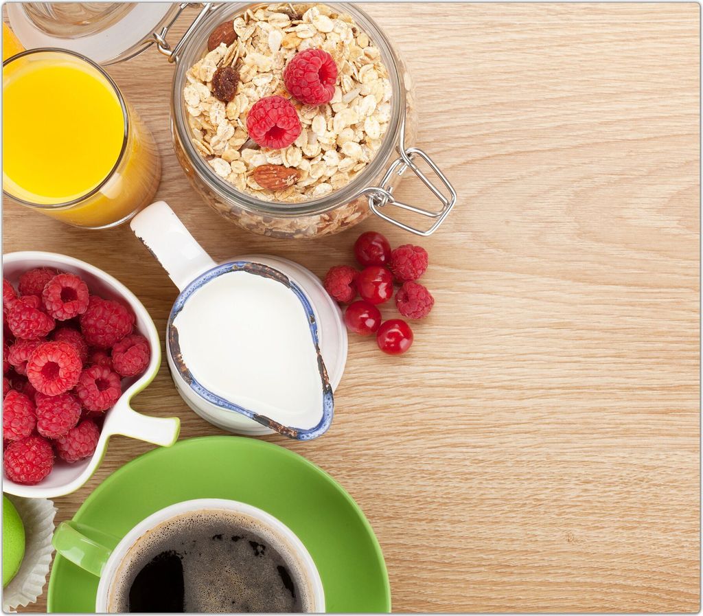 Spritzschutz Herdabdeckplatte Schneidebrett aus Glas Kaffee und Müsli 1-Teilig (60x52cm)