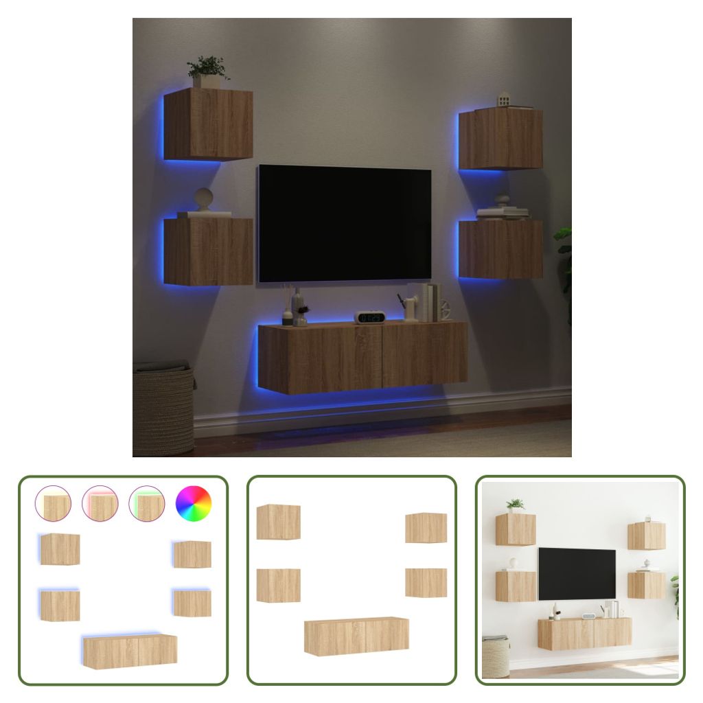 The Living Store 5-tlg. TV-Wohnwand mit LED-Leuchten Sonoma-Eiche