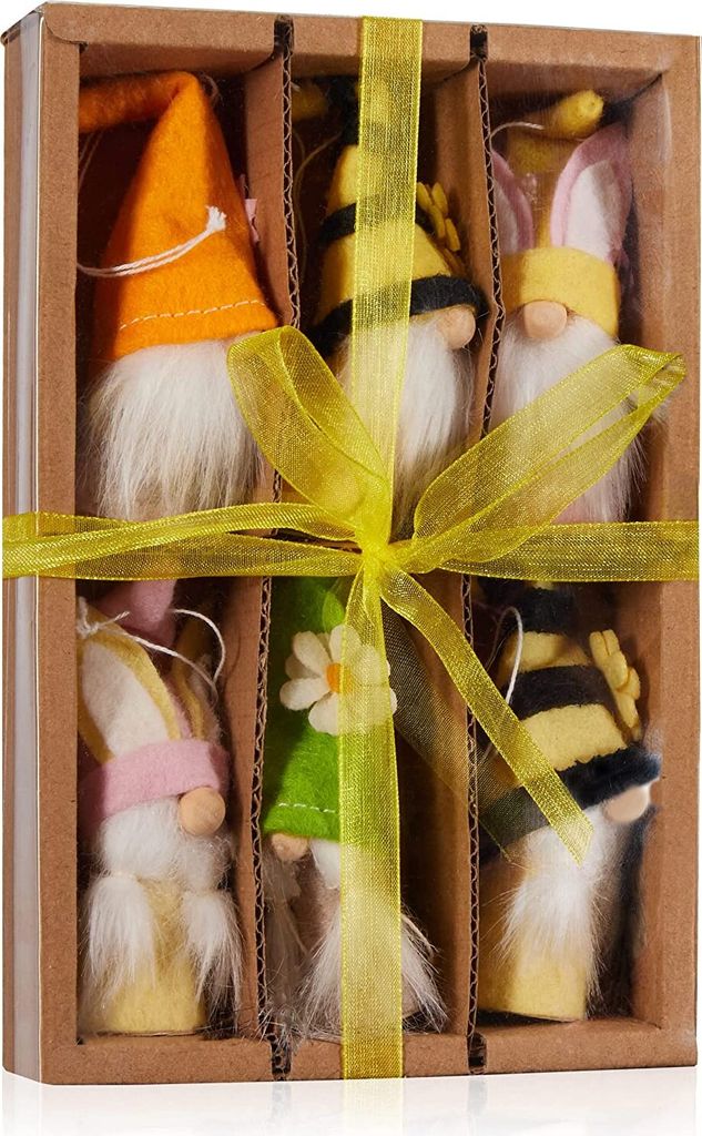 BRUBAKER 6er Set Osteranhänger Gnom aus Holz und Strick - Lustige Dekoanhänger Zwerge mit Bart - Bunte Osterhasen und Blumen Frühlingsdekoration...