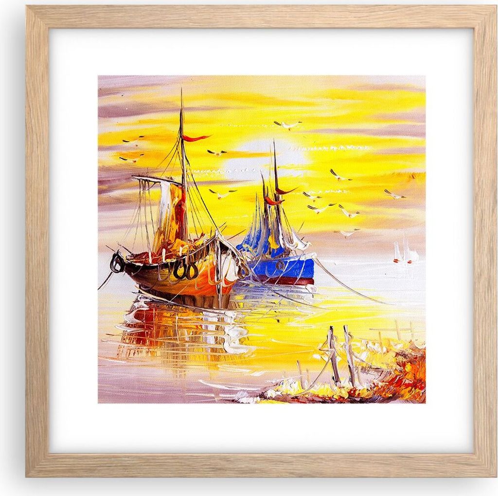 Gerahmtes Poster - Rahmen in heller Eiche - Boote Sonne Meer Reisen - 30x30 cm - Wand Bild - Wanddeko - Wandbilder - Wandposter - Bilderrahmen - Bi...