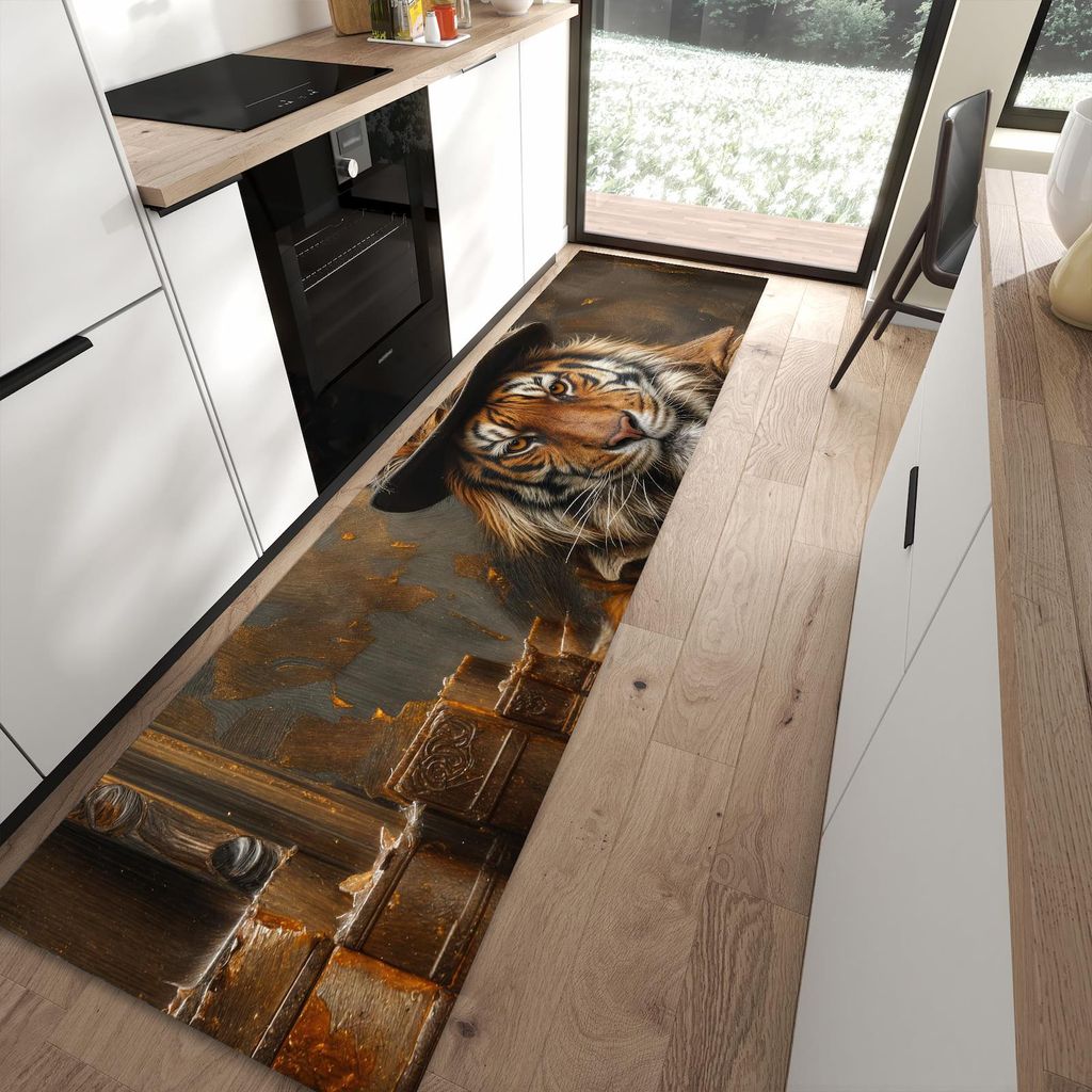 Küchenteppich 80x300cm rutschfest & abwischbar PVC Läufer - Tiger mit Zylinder