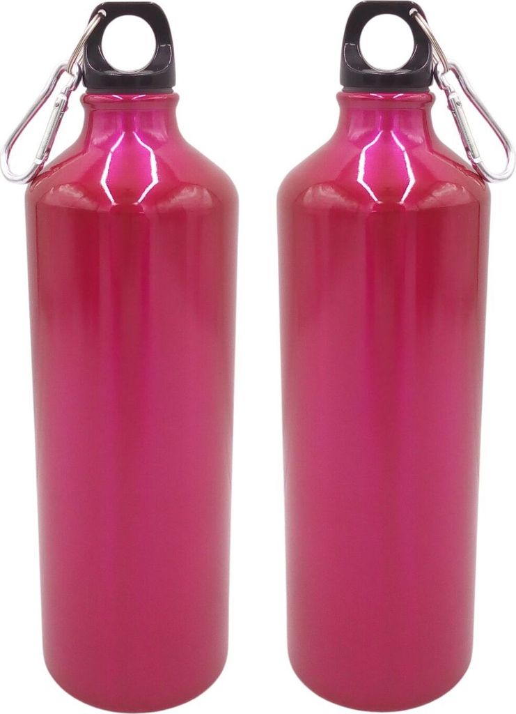 2x Aluminium Trinkflasche 1 Liter pink mit Karabiner Wasserflasche Sportflasche