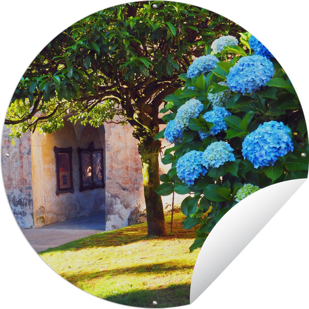 MuchoWow Gartenposter Outdoor-Poster Rund Blaue Hortensien Ø 150 cm Gartendeko Rundes Poster draußen