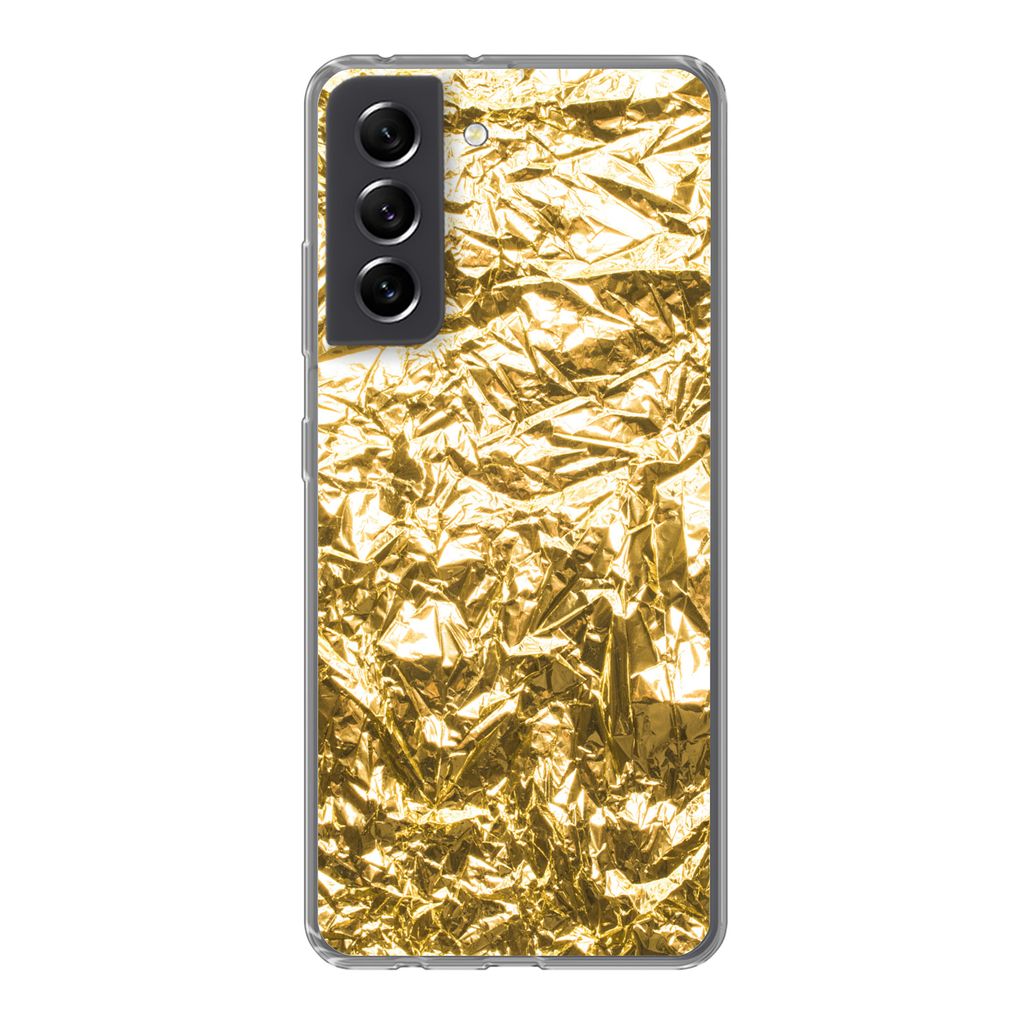 MuchoWow Handyhülle Schutzhülle Hülle für Samsung Galaxy S21 FE Goldfolie mit faltiger Textur Silikon Softcase Handy Hülle - Mobiltelefonhülle