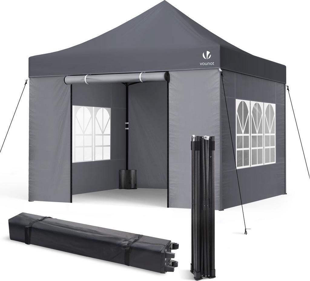 VOUNOT Pavillon 3x3m, Wasserdichter Faltpavillon, Faltbar Partyzelt mit 4 Seitenteilen, 4 Sandsäcke, Grau