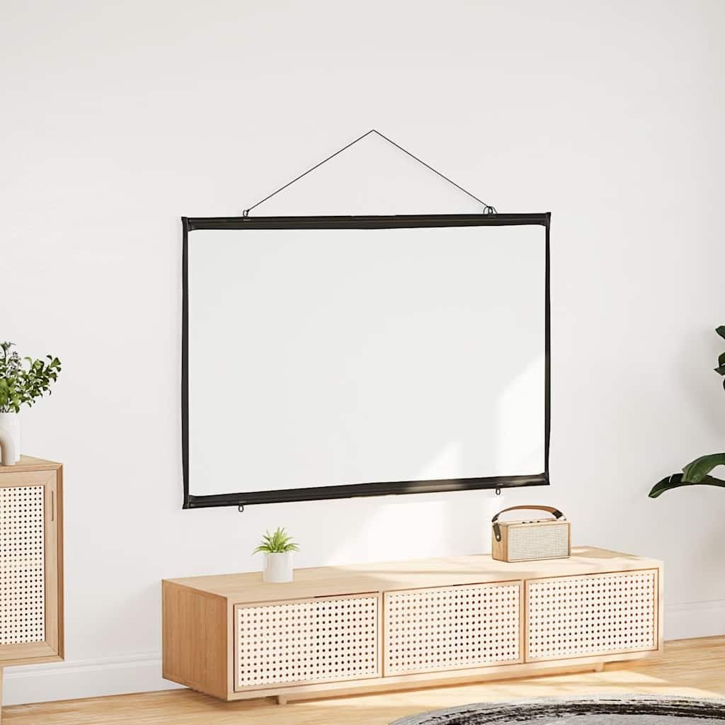 A projection screen is mounted on a white wall above a wooden media console.