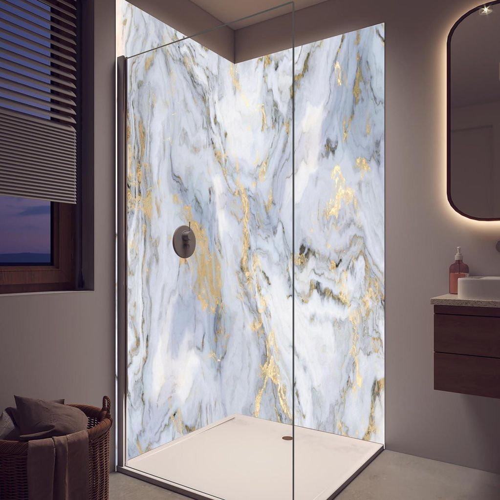 Duschrückwand - Wandverkleidung für Dusche aus Acryl 0,3 cm - 120 x 200 cm - Weißer Marmor mit Goldelementen
