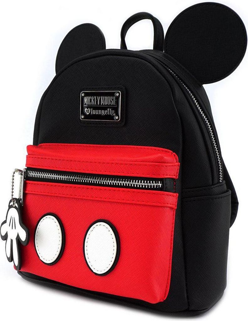 A black and red Mickey Mouse themed backpack.