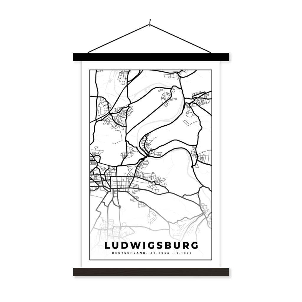 MuchoWow Textilposter Stadtplan - Ludwigsburg - Karte 120x180 cm mit schwarzem Rahmen - Fotos