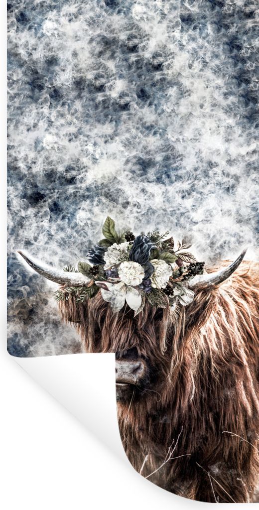 MuchoWow Wandtattoo Wandsticker Wandaufkleber Schottischer Highlander - Rauch - Blumen 60x120 cm Selbstklebend und Repositionierbar - Selbstklebe...