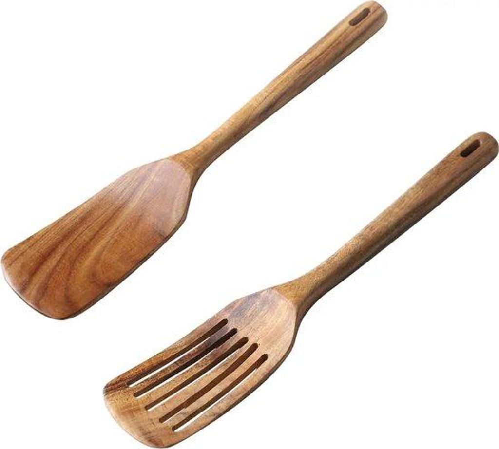 Holz Löffel, Set von 2, 34 x 6,5 cm, Harte Teakholz, Löffel mit langem Griff, mit Rille, Hitzebeständig, antibakteriell, robuste Küchenhilfe, S...