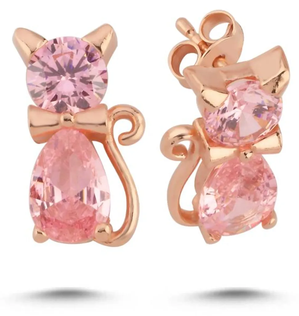 Puces d'oreilles Chat pour femme en argent et quartz rose synthétique