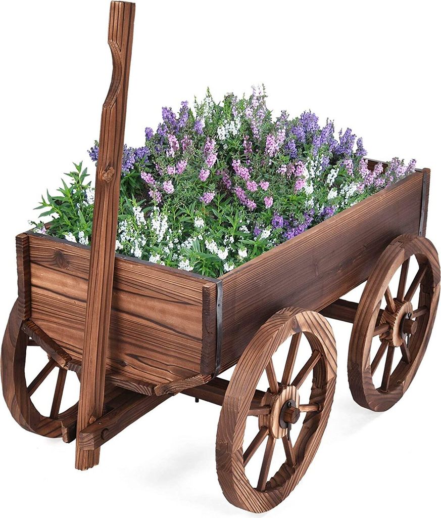 Blumenwagen Pflanzkarre aus Anti-Korrosions Holz, Blumenschubkarre mit 4 Rädern, Pflanzschubkarre als Dekoration, Blumenständer für Garten Terra...