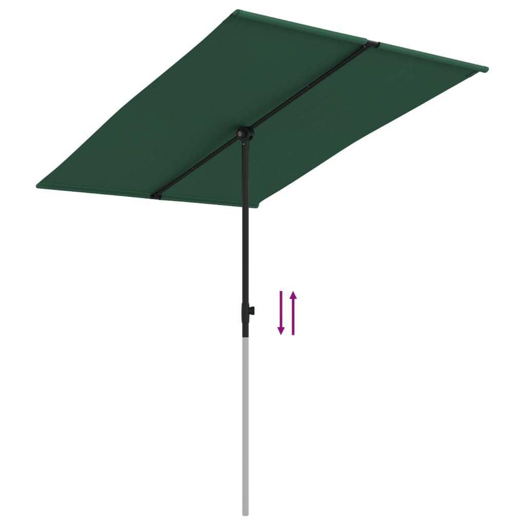 A half-opened green umbrella with a black pole and a gray base.