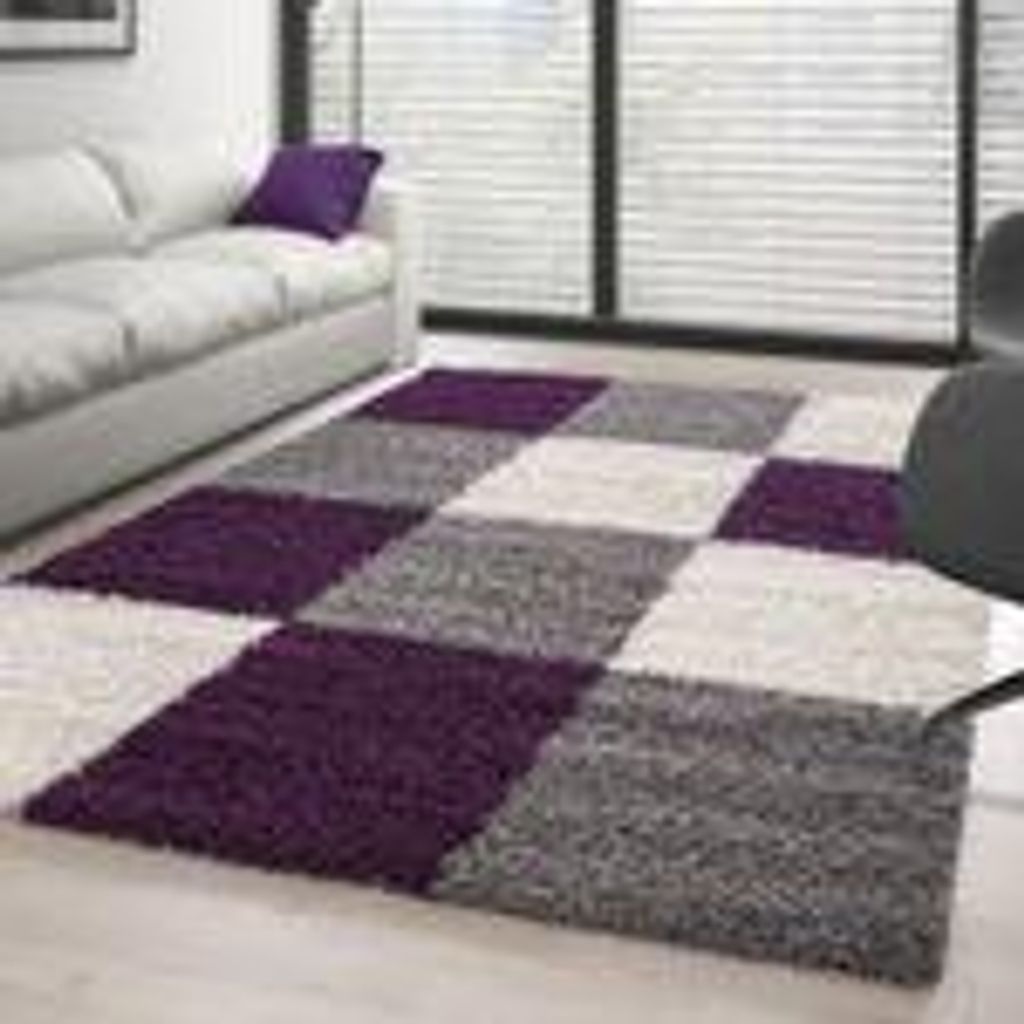 Teppich Wohnzimmer Hochflor Kariert Design Langflor Shaggy Modern Flauschig, Größe: 200 x 290 cm, Farbe: Violett
