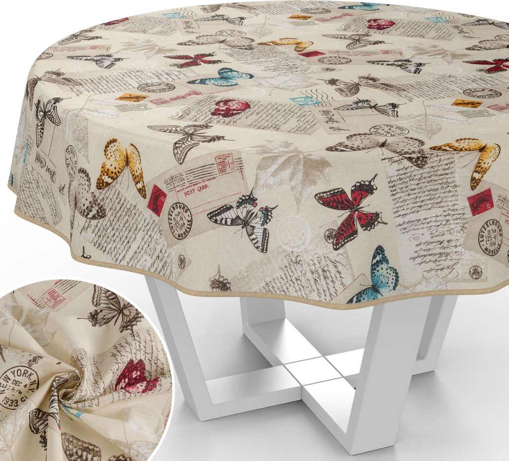 Tischdecke Post - Schmeterling aus Textil mit feinem Ästhetik Motiv Tischwäsche schmutzabweisend Tischtuch Aquarell Beige Rund 120cm mit Paspelband