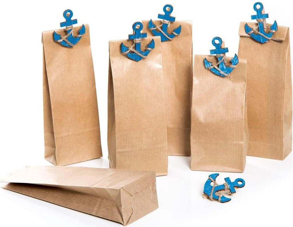 6 Stück kleine braune Papiertüten 7 x 4 x 20,5 cm + 6 maritime blau weiße Fisch-Klammern Zierklammern Deko-Klammern mit 5 x 2,7 cm Geschenktüte...