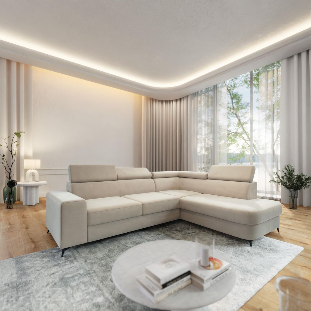Masseno Ecksofa ALVORO R-S mit Schlaffunktion L-Form, Sofa mit Bettkasten, Wohnzimmersofa, Couch, Soffa, Bettsofa, Couchgarnitur- Creme, MATT VELVE...