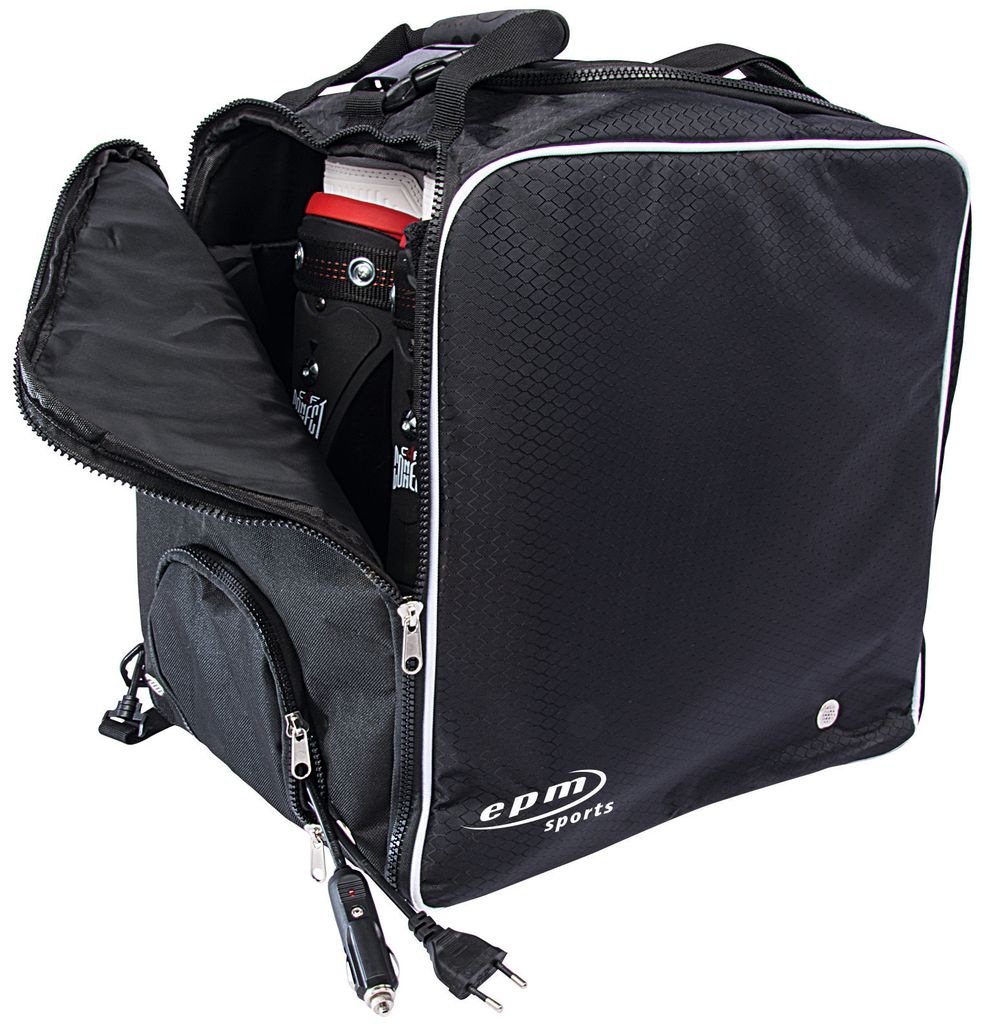 A black ski boot bag with a ski boot partially visible inside.