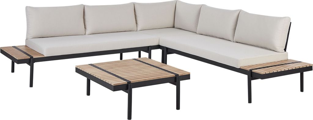 BELIANI Lounge Set Hellbraun Eukalyptusholz 4-Teilig 5-Sitzer Garten-Ecksofa mit Couchtisch Auflagen Cremeweiß Terrasse Outdoor Modern Gartenmöbe...