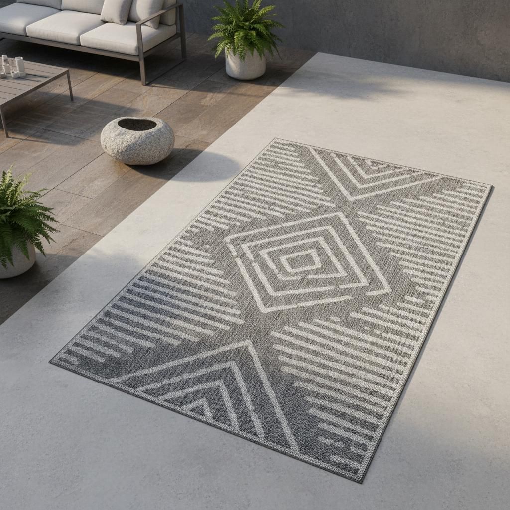 Outdoor Teppich Gestreift Wetterfest Waschbar Strapazierfähig | Grau 120x170 cm Balkon Terrasse Fußbodenheizung | ORLA – Kadima Design