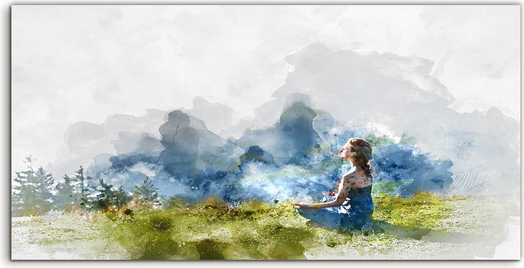 Coloray Spritzschutz aus Glas 140x70 Wandkunst Küchenrückwand Frau praktiziert Yoga Aquarell Malerei