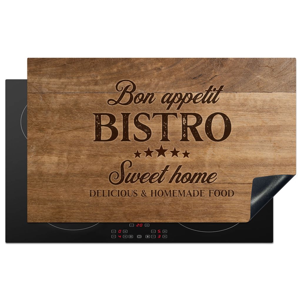 KitchenYeah Herdabdeckplatte Zitat - Bistro - Holzstruktur , 85x52cm, Küche Deko, Glaskeramikkochfeld Herdabdeckung, Abdeckplatte fùr Kochfeld