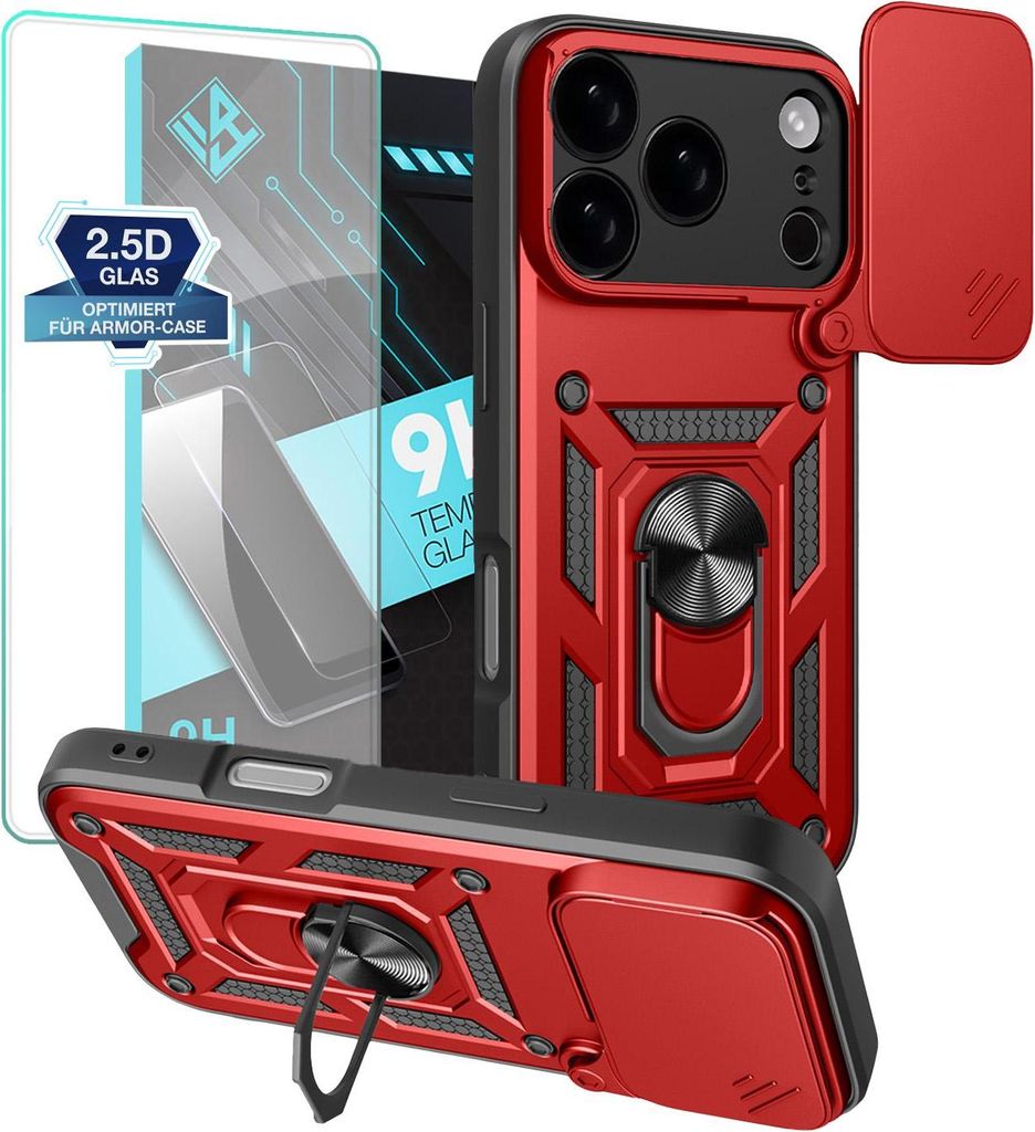 Armor Handyhülle für Apple iPhone 17 Pro Max mit 9H Displayglas Displayschutz Kameraschutz Handy Panzer Case Cover Schutzhülle Outdoor Farbe: Rot