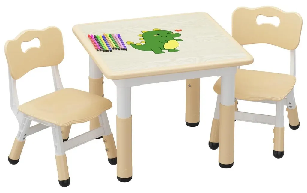 Table pour enfants et 2 chaises réglable en bois vert militaire Modèle K6