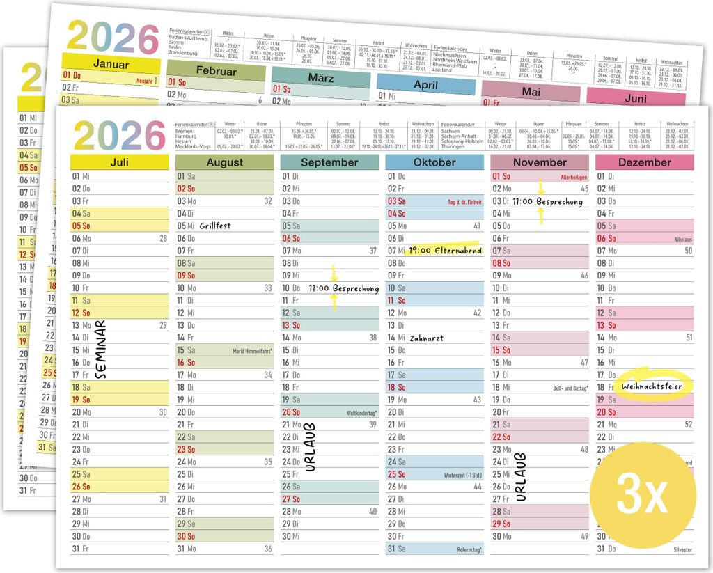 Tafelkalender 2026 A4 "bunt" - Kalender 2026 mit Ferien & Feiertagen | Jahreskalender, Wandkalender 2026 DIN A4 als Jahresplaner | Blattkalender 12...