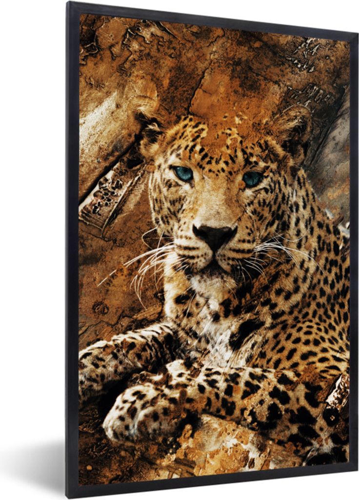 MuchoWow Gerahmtes Poster Leopard - Steine - Wand 20x30 cm - Poster mit Schwarzem Bilderrahmen Wandposter Rahmen Foto Bilder - Drucken - Bilder P...