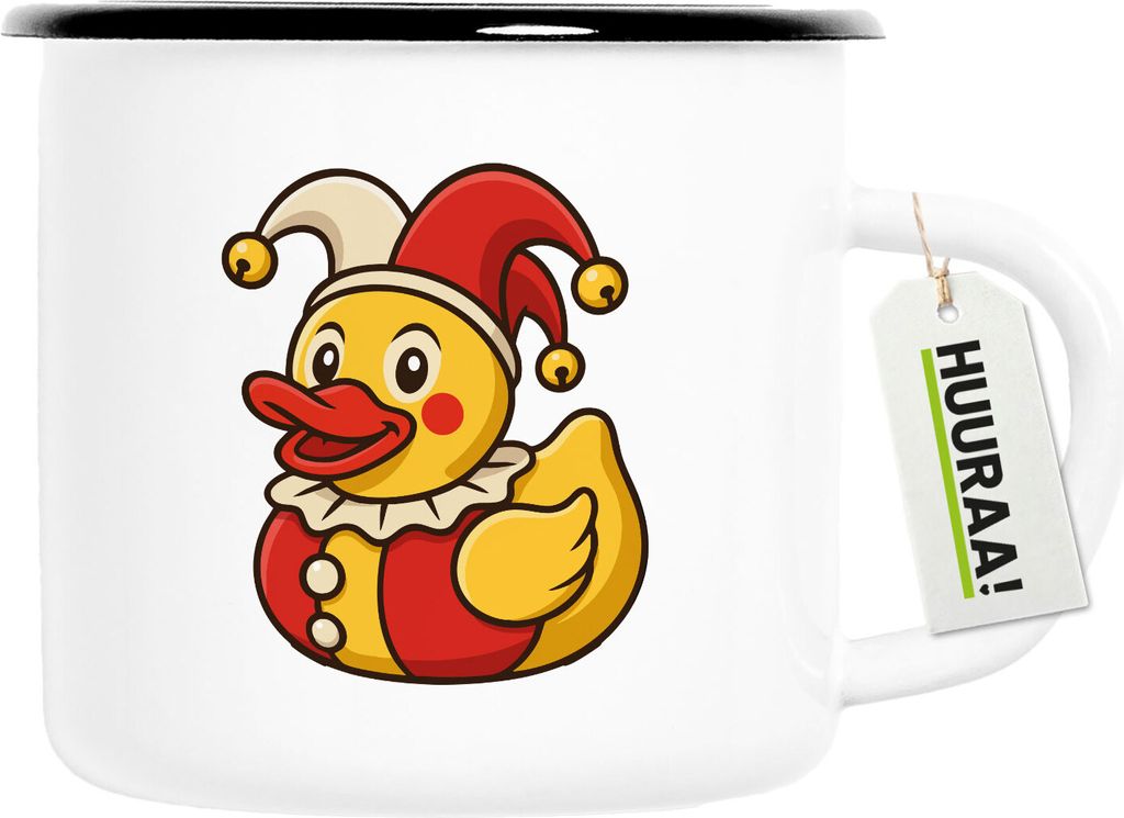 Huuraa Emaille Tasse Quietscheente Joker Gummiente Hofnarr 300ml Vintage Campingbecher Geschenkidee