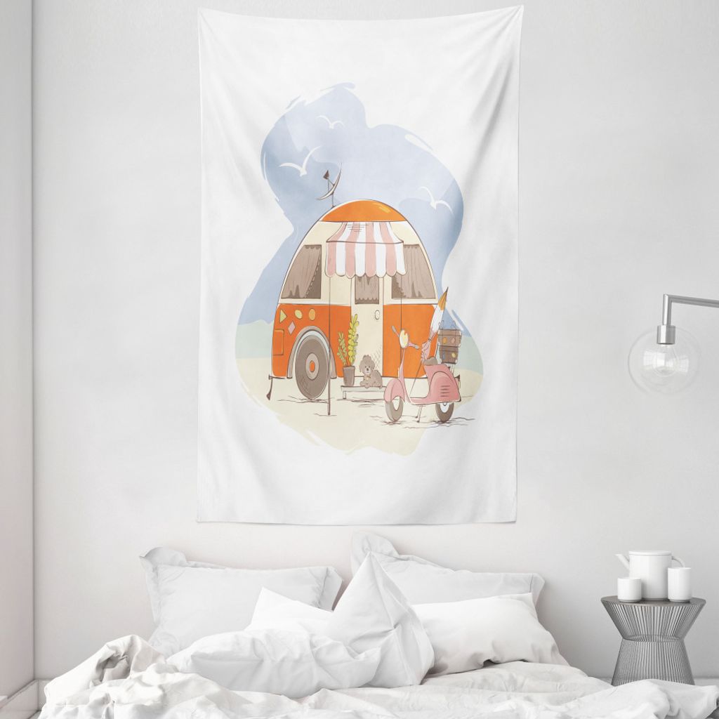 ABAKUHAUS RV Wandteppich und Tagesdecke, Geparkten LKW-Welpen-und Motorrad aus Weiches Mikrofaser Stoff Waschbar ohne Verblassen Digitaldruck, 140 ...